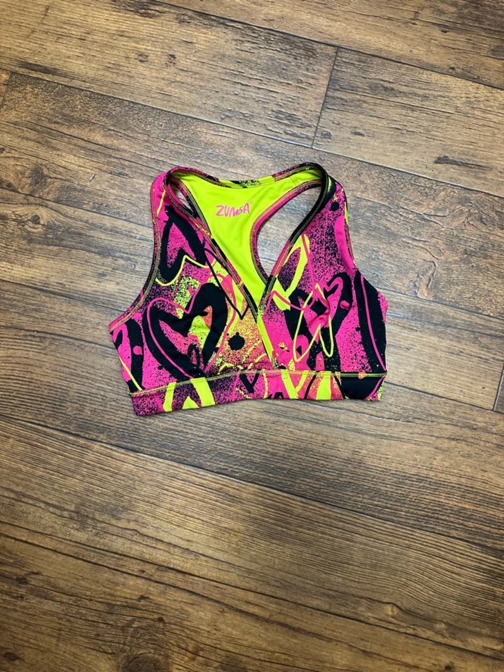 Zumba Fitness Neon Pink & Lime Graphic Racerback Sports Bra
